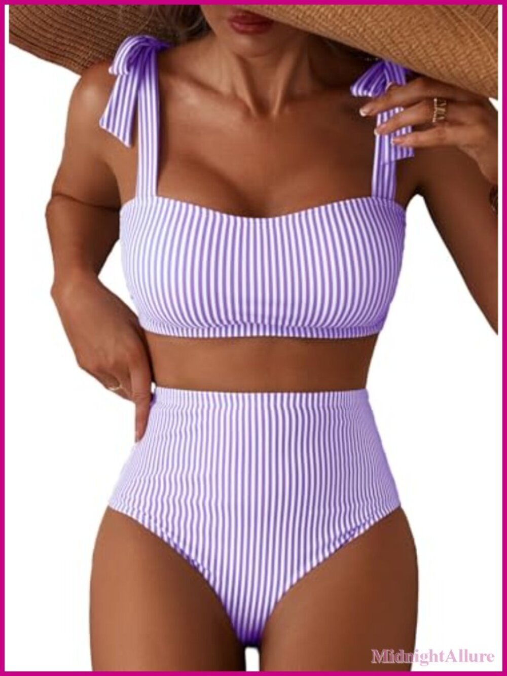 Bikini Set 2 Piece High Waisted Striped Swimsuits with Tie Shoulders
